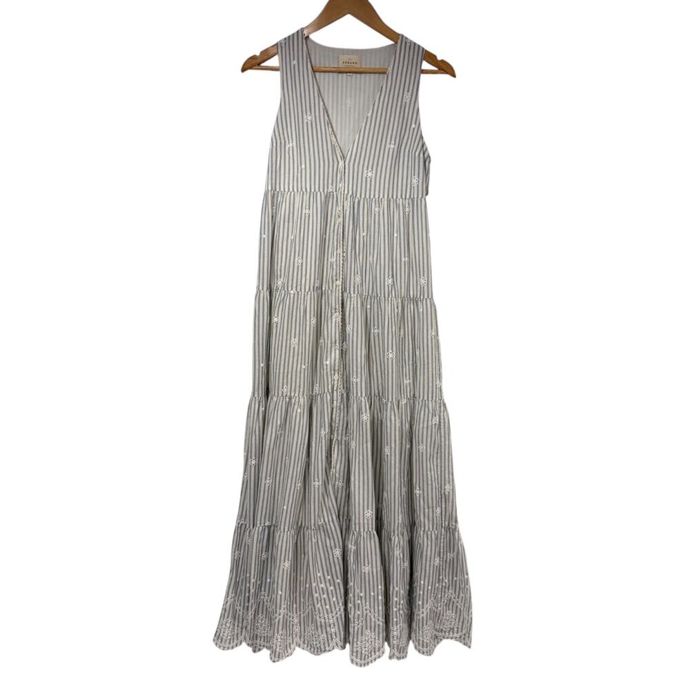 Sezane Striped Embroidered Floral Sleeveless Dres Women's 36/ US 4 Blue/white